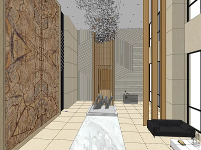 Elegant Modern Reception Area Design With Marble Wall Chandelier And Sofa Seating Decor 3d model