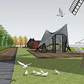 Modern Geometric Hotel Building With Windmill Outdoor Lawn And Lounge Chairs