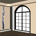 Elegant Arched Floor to Ceiling Window With Black Frame Frosted Glass and Beige Curtains 3d model