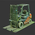Orange And Blue Industrial Forklift With Front Loader And Metal Forks