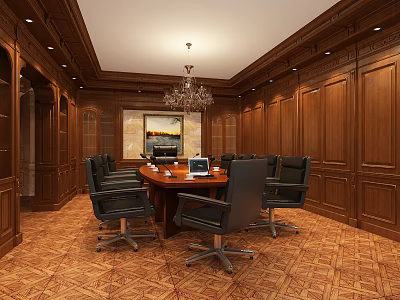 Elegant Conference Room Interior With Wooden Panel Walls Chandelier Round Table And Black Chairs 3d model