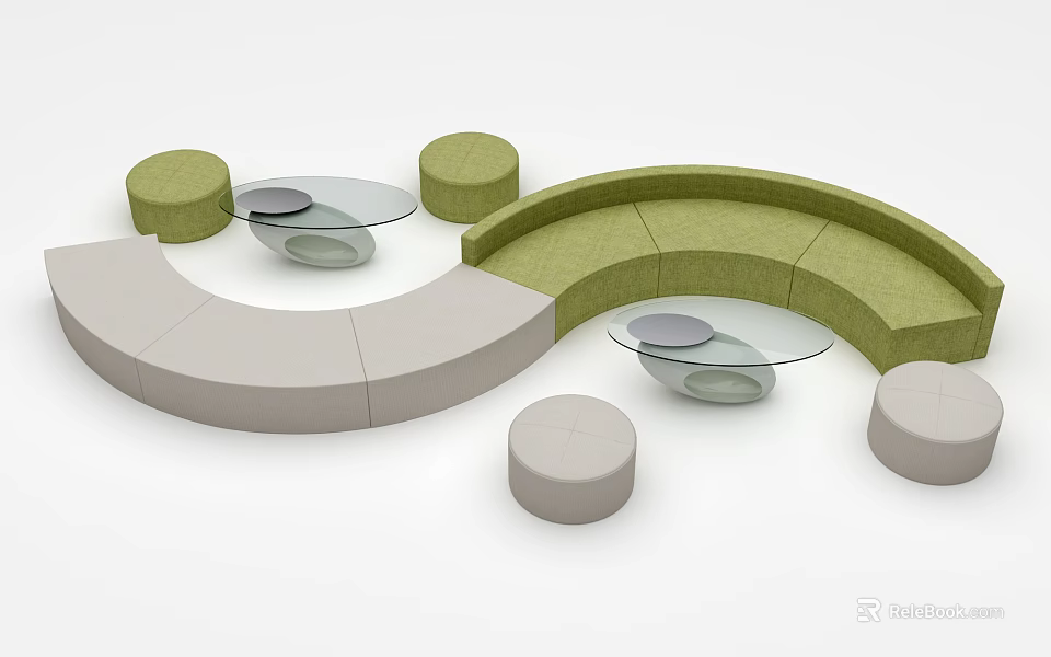 Modern Curved Sofa Coffee Table Set With Glass Top Round Stools And Beige Green Seats 3d model 