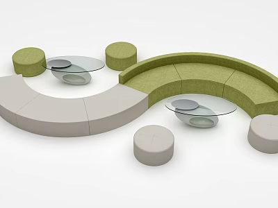 Modern Curved Sofa Coffee Table Set With Glass Top Round Stools And Beige Green Seats 3d model