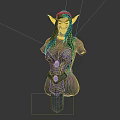 3D Female Bust Model With Green Hair Pointed Ears Purple Skin And Armor On Pedestal