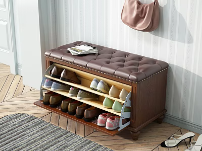 Modern Upholstered Leather Tufted Shoe Storage Bench With Wooden Frame And Multiple Shelves For Shoes 3d model