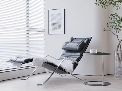 Modern Leather Lounge Chair In Room With Window White Blinds Side Table And Potted Plant 3d model