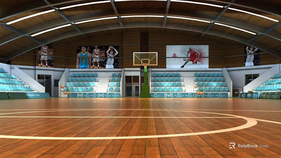 Basketball Gym Interior With Wooden Floor Blue Seats And Wall Posters 3d model 