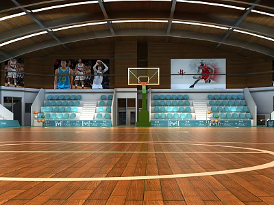Basketball Gym Interior With Wooden Floor Blue Seats And Wall Posters 3d model