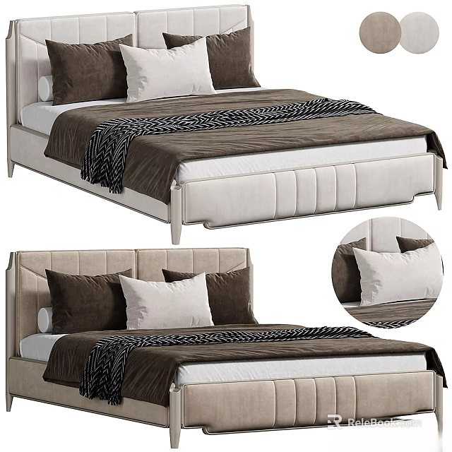 Double Bed With Upholstered Headboard Brown White Pillows Brown Striped Blanket And Beige Frame 3d model 