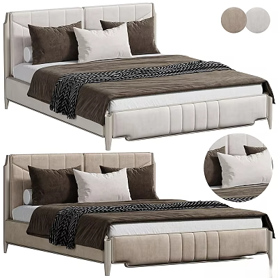 Double Bed With Upholstered Headboard Brown White Pillows Brown Striped Blanket And Beige Frame 3d model