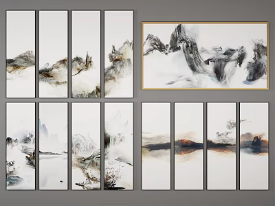 Ink Landscape Paintings Multiple Panel Wall Art With Clouds Mountains Water 3d model