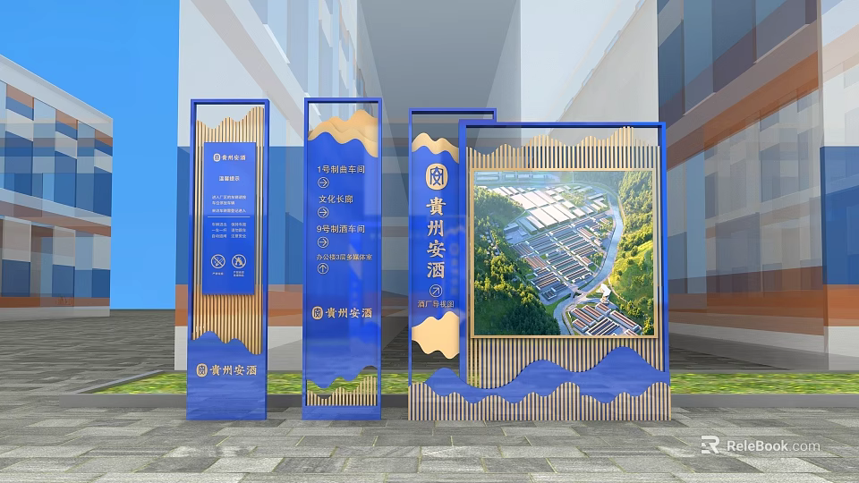 Blue And Gold Wayfinding Signage For Smart Industrial Park With Overhead View 3d model 