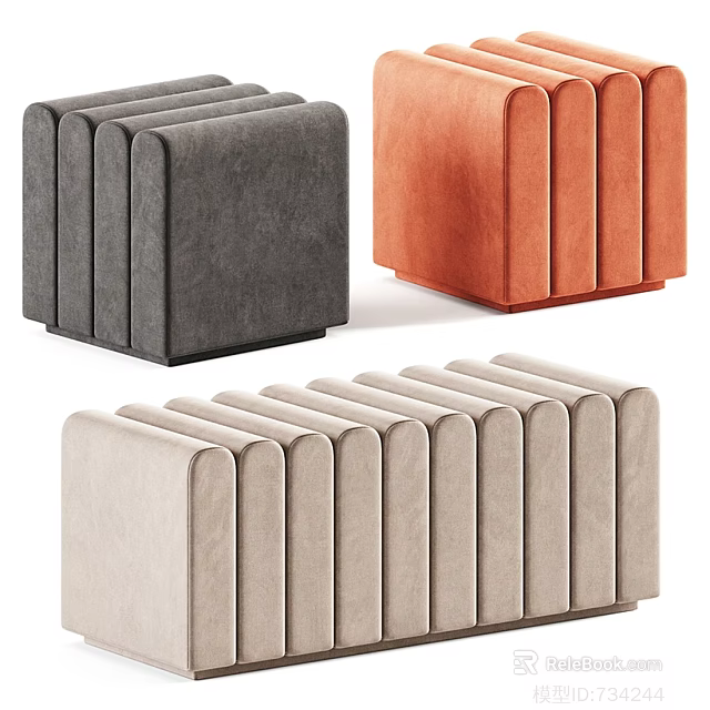 Modern Stylish Sofa Stools in Gray Orange and Beige Upholstered Design 3d model 