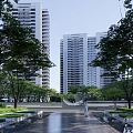 Modern High Rise Residential Landscape With Green Lawn Trees And Water Feature