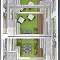 Modern Public Office Space With Open Corridor Glass Walls Gravel Flooring And Small Green Plants