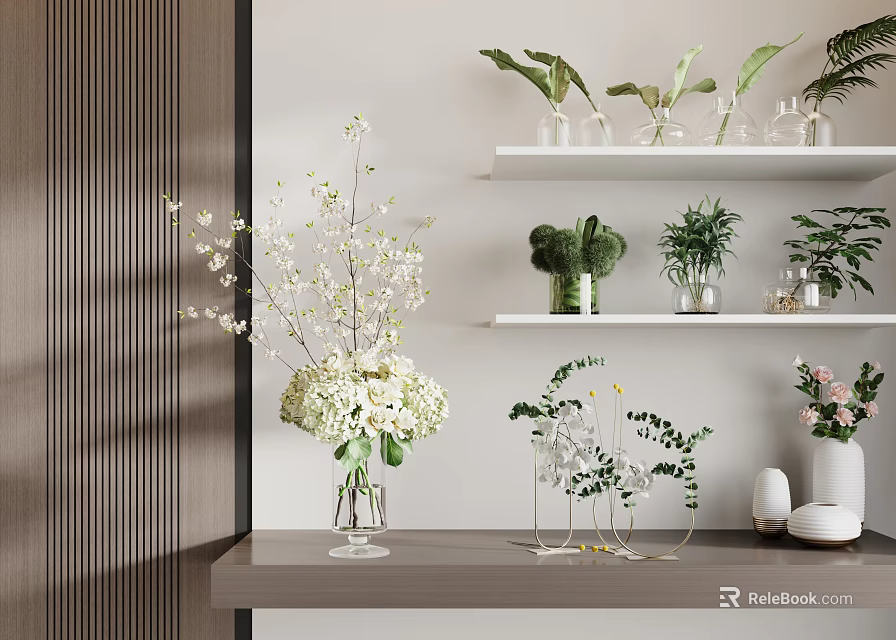 Modern Interior With Transparent Vase White Flowering Branches And Green Plants On Shelf Tabletop 3d model 