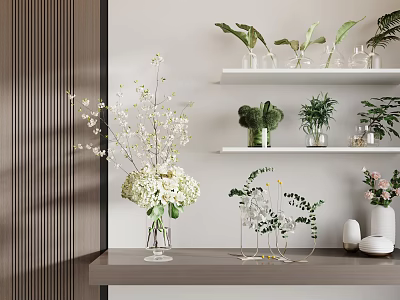 Modern Interior With Transparent Vase White Flowering Branches And Green Plants On Shelf Tabletop 3d model