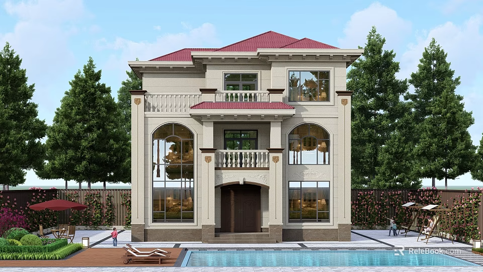 Detached Villa Red Roof Beige Exterior Arched Windows Swimming Pool Surrounding Trees And Lounge Chairs 3d model 