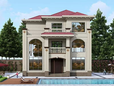 Detached Villa Red Roof Beige Exterior Arched Windows Swimming Pool Surrounding Trees And Lounge Chairs 3d model