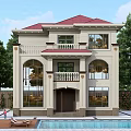 Detached Villa Red Roof Beige Exterior Arched Windows Swimming Pool Surrounding Trees And Lounge Chairs