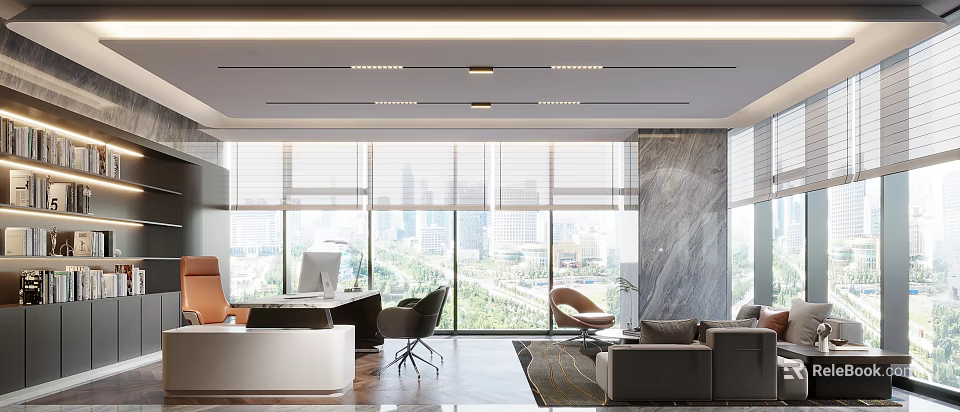 Modern Office Interior Design With Large Windows City View Desk Chairs And Sofa 3d model