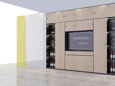 Contemporary Modern Wooden Wine Cabinet With Glass Display Shelves And Yellow Accent Panel 3d model