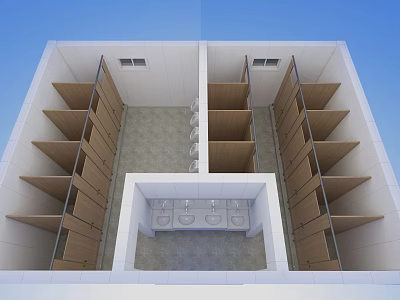 Modern Public Restroom Interior Design With Multiple Stalls Washbasins And Tiled Floor 3d model