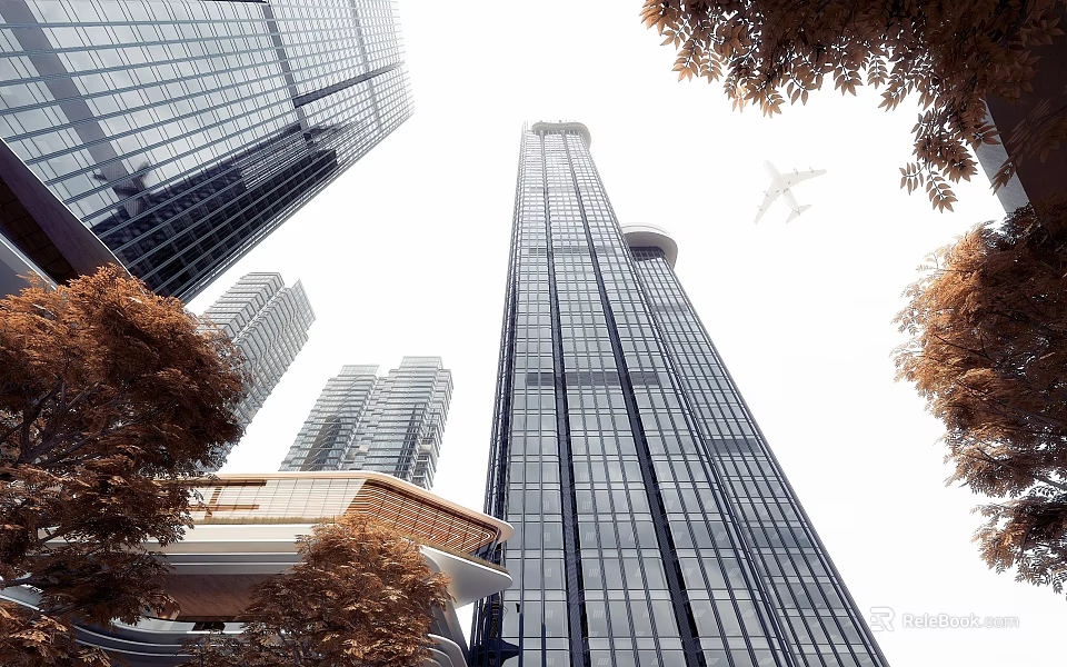 Tall Modern Hotel Building with Glass Curtain Wall Surrounding Skyscrapers and Urban Trees 3d model 