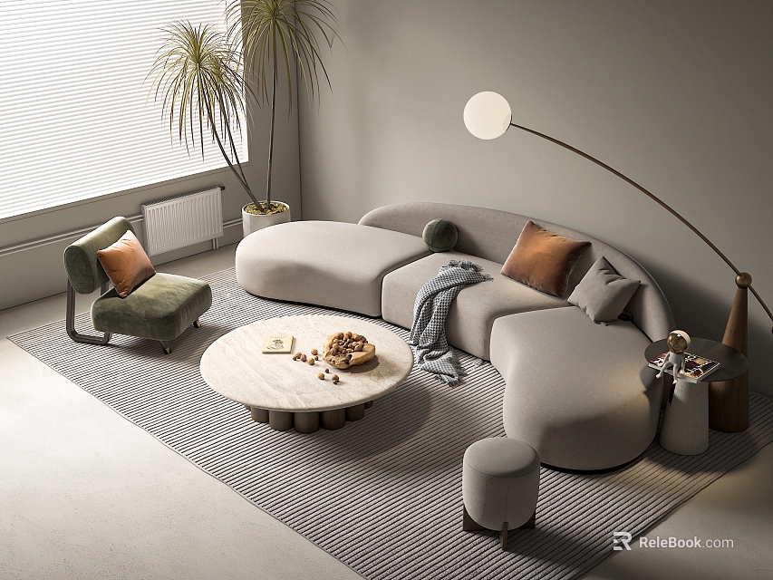 Modern Curved Sofa And Coffee Table Set With Throw Pillows Floor Lamp And Ottoman 3d model 