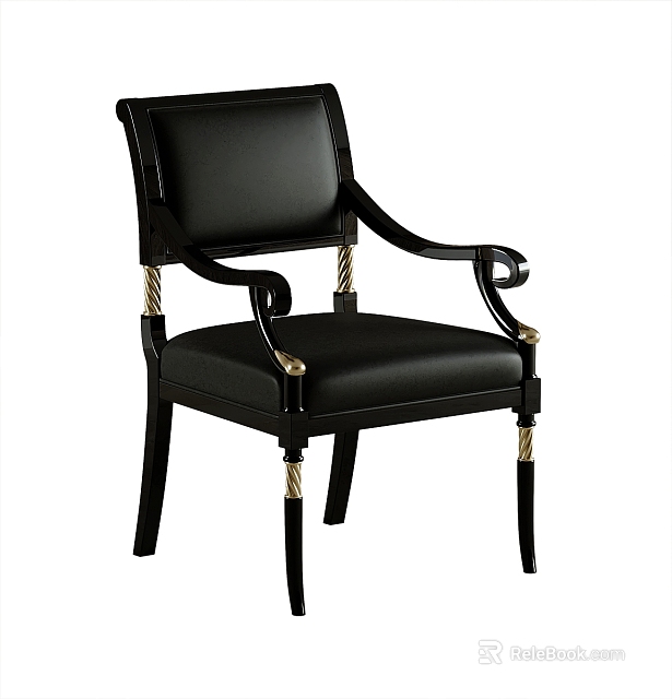 Elegant Black Leather Armchair With Gold Accents And Wooden Legs Design 3d model 