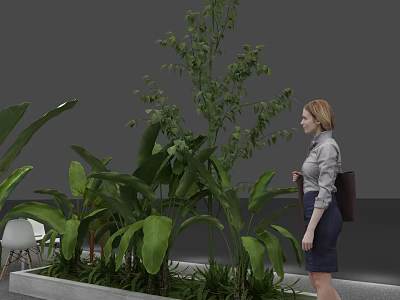 Woman Standing Near Lush Green Plants In Modern Indoor Garden Space 3d model