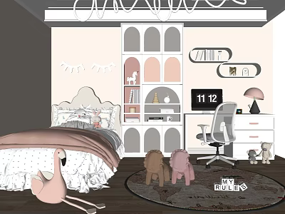 Pink Kids Bed With White Headboard Arched Bookshelf Stuffed Toys Desk Cloud Decorations And Rug 3d model