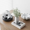 Decorative Ornament Set On Wooden Table Featuring White Blinds Green Plant Vase Books Petal Decor