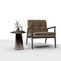 Brown Upholstered Accent Chair With Black Frame Side Table And Decorative Items 3d model