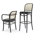 Stylish Black Metal Frame Rattan Back Padded Seat Dining Armchair And Matching High Bar Stool