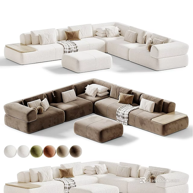 Modern Sectional Sofa With Multiple Colors Cushions Ottoman And Throw Blanket 3d model