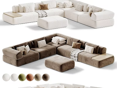 Modern Sectional Sofa With Multiple Colors Cushions Ottoman And Throw Blanket 3d model