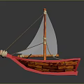 Wooden Boat With Red Hull White Sail Wooden Planks And Ropes Design