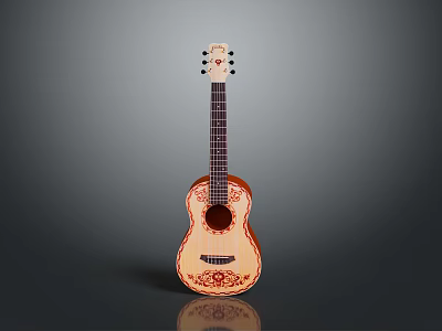 Handcrafted Wooden Ukulele With Decorative Red Patterns And Exquisite Body Design Features 3d model