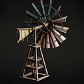 Rusted Windmill Equipment With Metal Blades Moss Growth And Wooden Stand