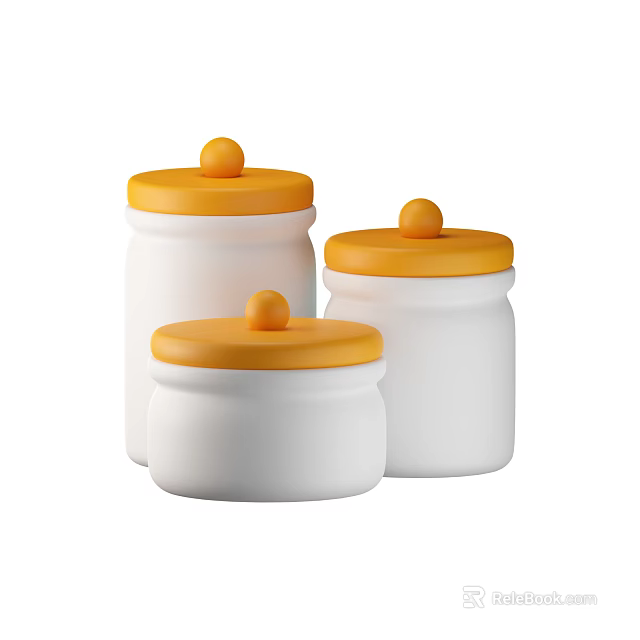 Modern White Spice Jars With Orange Lids And Round Knob Design For Kitchen 3d model 