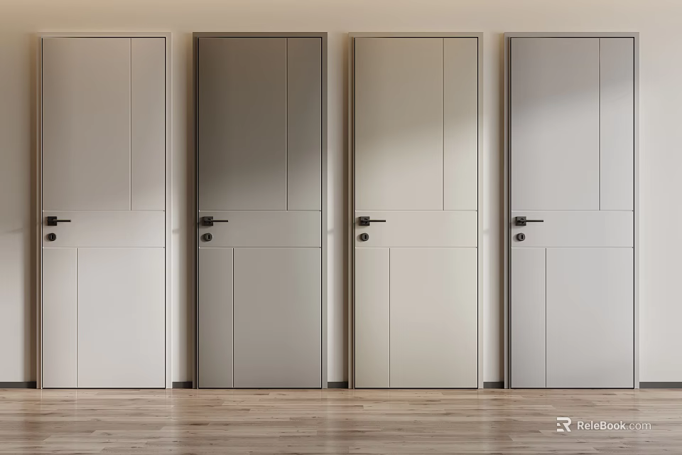 Hinged Doors In Various Colors With Minimalist Design And Wooden Floor Setting 3d model 