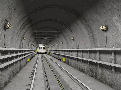 Underground Railway Tunnel Road Facilities With Track Train Guardrails And Lighting 3d model