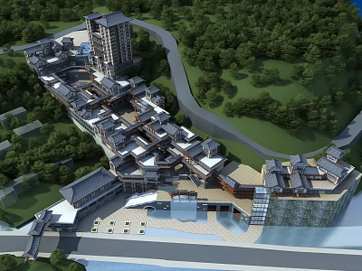 Traditional Modern Commercial Street Architecture With Green Trees And Waterfront Buildings 3d model