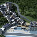 Traditional Modern Commercial Street Architecture With Green Trees And Waterfront Buildings