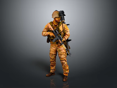 Tactical Military Soldier in Camouflage Uniform Holding Rifle With Helmet and Gear 3d model