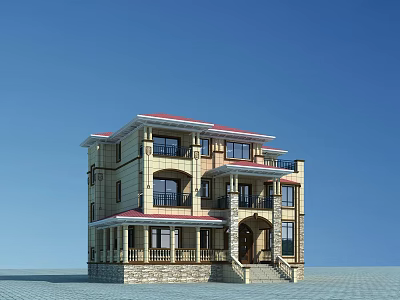 Elegant Multi Story Detached Villa With Red Roof Balconies And Stone Exterior 3d model
