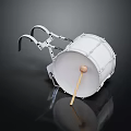 White Musical Drum With Wooden Drumstick Placed On Reflective Black Surface