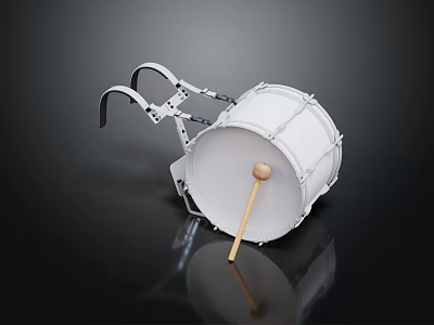 White Musical Drum With Wooden Drumstick Placed On Reflective Black Surface 3d model