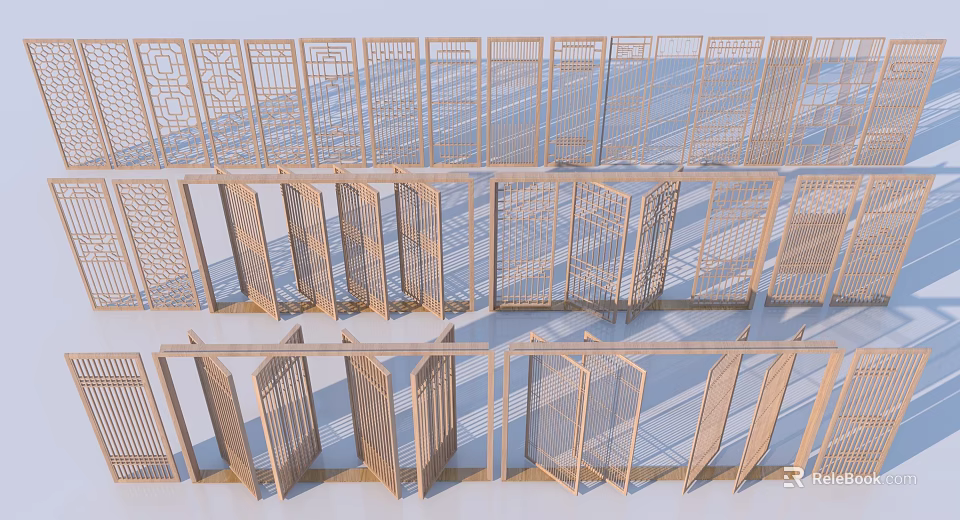 Wooden Room Divider Partition With Various Hollow Patterns And Decorative Frame Designs 3d model 